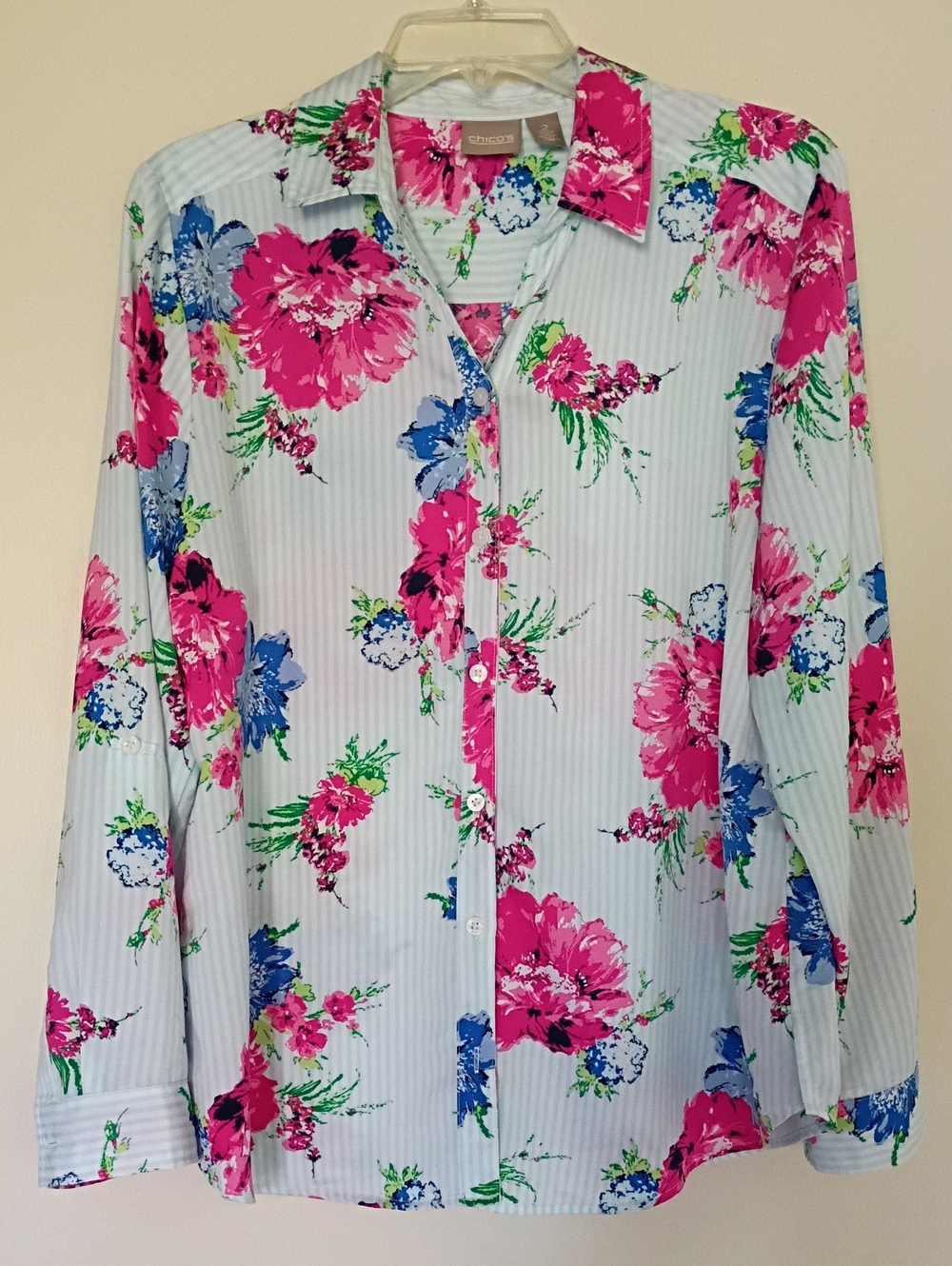 Chico's Floral Button-Up Blouse in Pink, Blue & Green